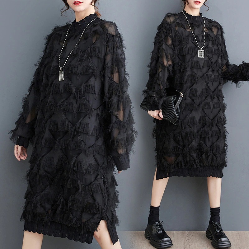 春夏モデルのフリンジレースの不規則なレース立襟気質長袖ワンピース