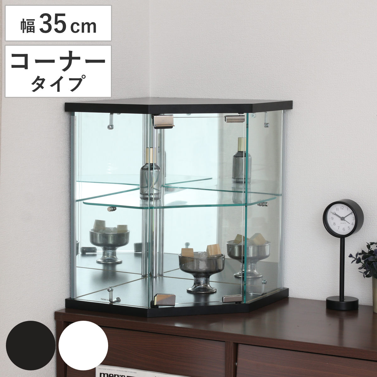 コレクションケース ガラス コーナー型 五角形 背面ミラー 卓上 コレクション ラック 棚 ディスプレイ ガラス製 全面ガラス 棚上 収納 展示 フィギュアケース 見せる収納 ホワイト