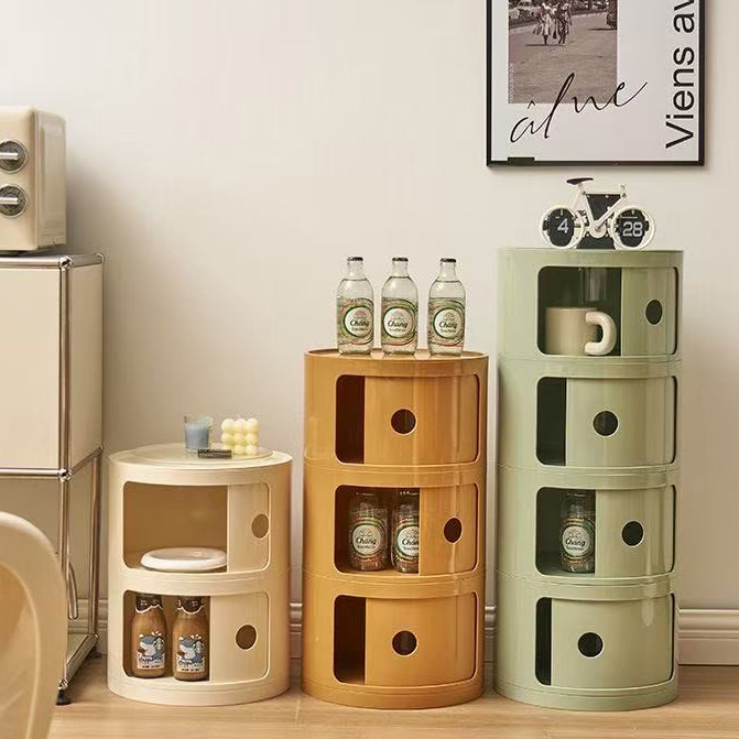 4段 ベッドサイド キャビネット 円柱収納ラック 多層 スライド式 コンパクト丸型 寝室/リビングルーム用 インテリア レトロ