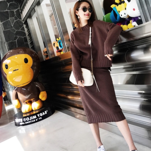 【セットアップ 】ハイネック アシメ スリット入 ニットトップス セーター+スリット入 ニットロングスカート A1763