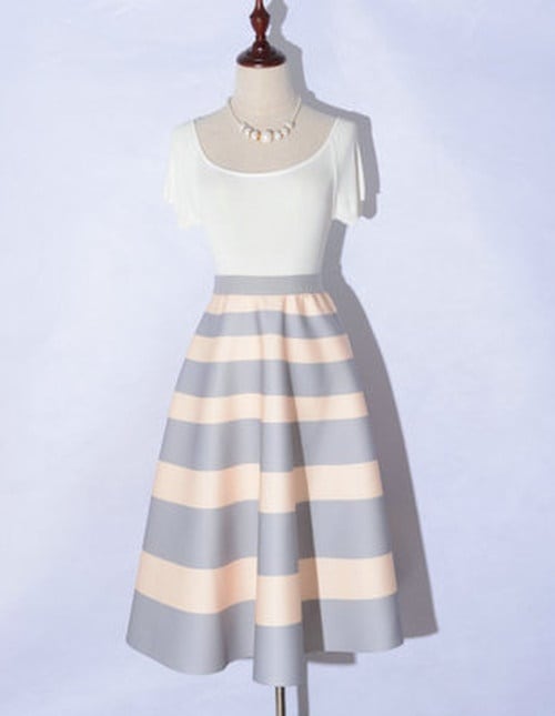 3235.ミモレ丈 ボーダー柄フレアスカート（パープル）2019 春秋 ガーリー スポーティー お出かけ 普段使い 100,000円