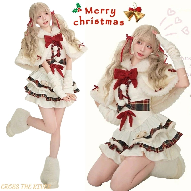 クリスマス 衣装 レディース 新年 ワンピース クリスマス ロリータ ドレス JSK ジャンパースカート 女の子 可愛い クマ 白 ケープ Lolita 普段着 ロリィタ 甘ロリ マント リボン キャ
