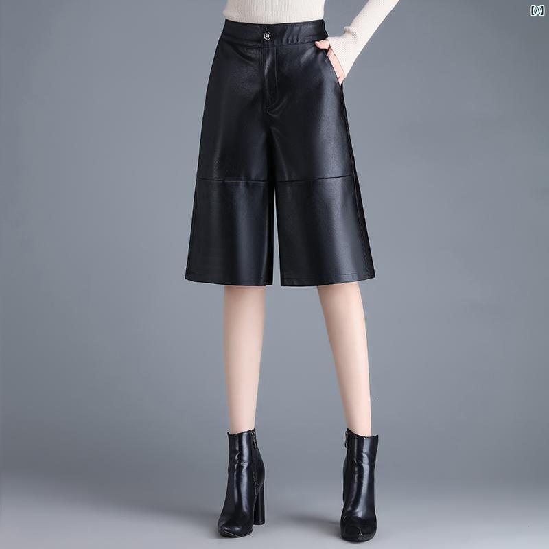 レディース レザー ショート パンツ 秋冬 ワイド ハイウエスト ブラック アウター たり おしゃれ 上品 レザーパンツ カジュアル 七分