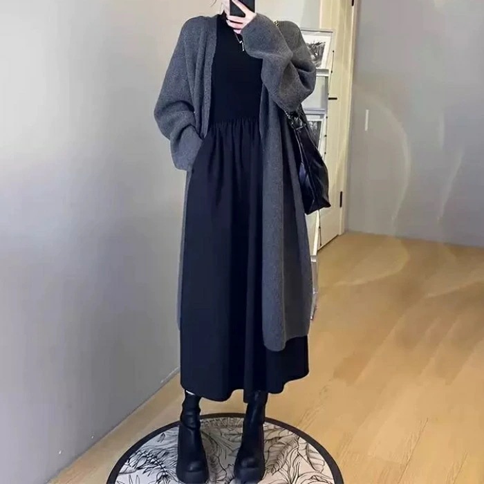 セットアップ レディース カーディガン ワンピース 長袖 エレガント カジュアル きれいめ ニット ミモレ丈 ワンピ ロングカーデ 大人 可愛い シンプル レイヤード おしゃれ 体型カバー 羽織り 2