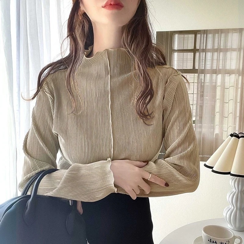 トップス シャツ レディース カットソー メロー プリーツ ハイネック フリル 前後 光沢感 レイヤード 重ね着 ゆったり 無地 きれいめ オフィス タートルネック 長袖 インナー 大きいサイズ 春