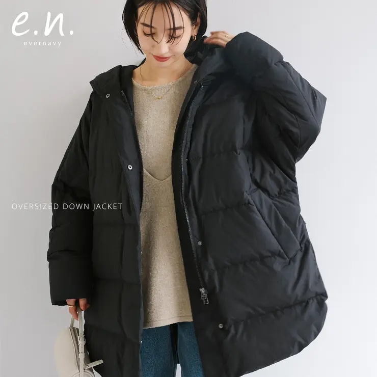 evernavy エバーネイビー ドルマン サイドジップ ダウンジャケット レディース フレンチダウン コート アウター 羽織り オーバーサイズ 体型カバー ゆったり 楽ちん ミドル丈 ポケット フー