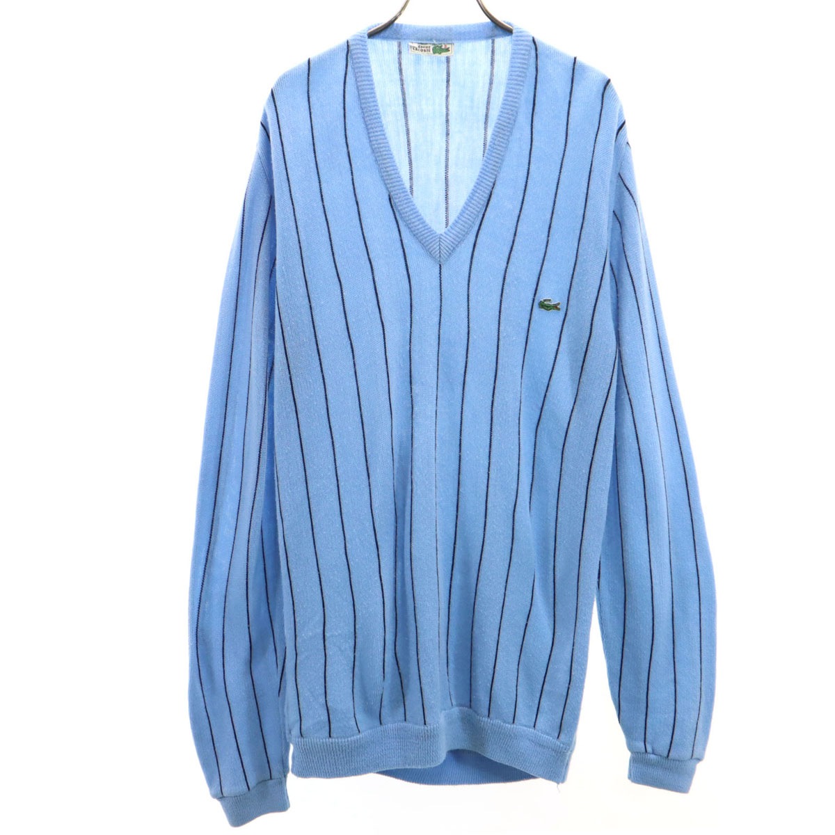 CHEMISE LACOSTE シュミーズラコステ 70s ヴィンテージ フランス製 ストライプ 長袖 Vネック セーター L ブルー系 ニット メンズ 古着