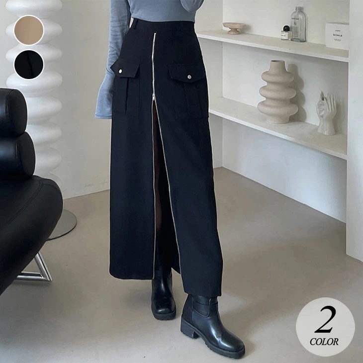 【2025新作 急速出荷】センタージップアップハイウエストタイトスカート ファスナー ロングスカート レディース 秋 冬 ハイウエスト ミディ丈 ジッパー スリット ポケット カジュアル きれいめ