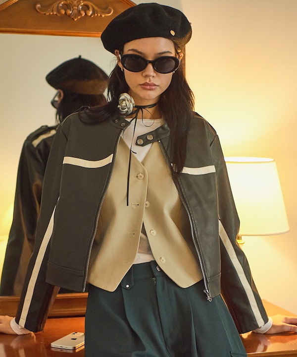 [BITTER CELLS] LINE LEATHER ジャケット ★新作・24SS★人氣★ Qoo10 ビターセルズラインレザージャケッ ミドル