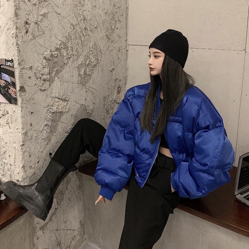 韓国パイロットはクレインを挟むブルーの野球コットンの服女性は冬に厚めのコットンを挟む小柄で短めのダウンコットンのコート