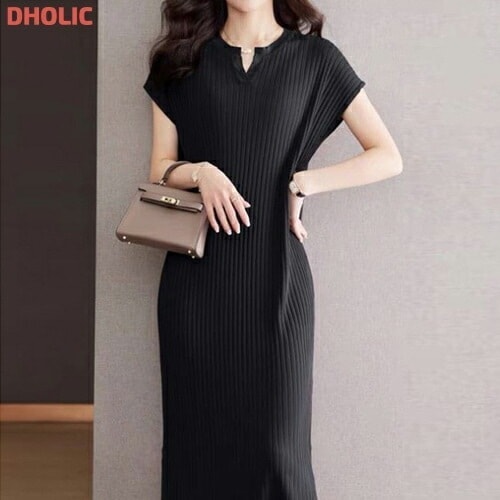 [メガ割りSALE]リブ半袖オープンカラー無地ニットワンピース・1918391