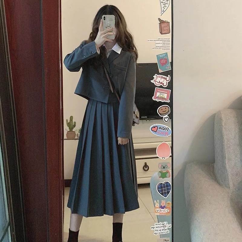 セットアップ 制服風 2点セット ツーピース ジャケット ショート丈 チャイナボタン クロップ丈 スカート プリーツ ハイウエスト スーツ ブラウン セクシー カッコイイ 長袖 上着 アウター 大人