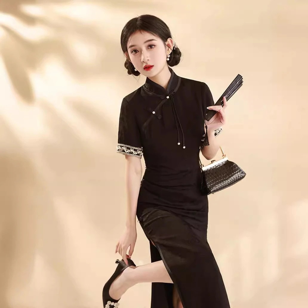 2024春夏改良チャイナドレス新風ヤングスタイルデイリーブラックタッセルドレス婦人服