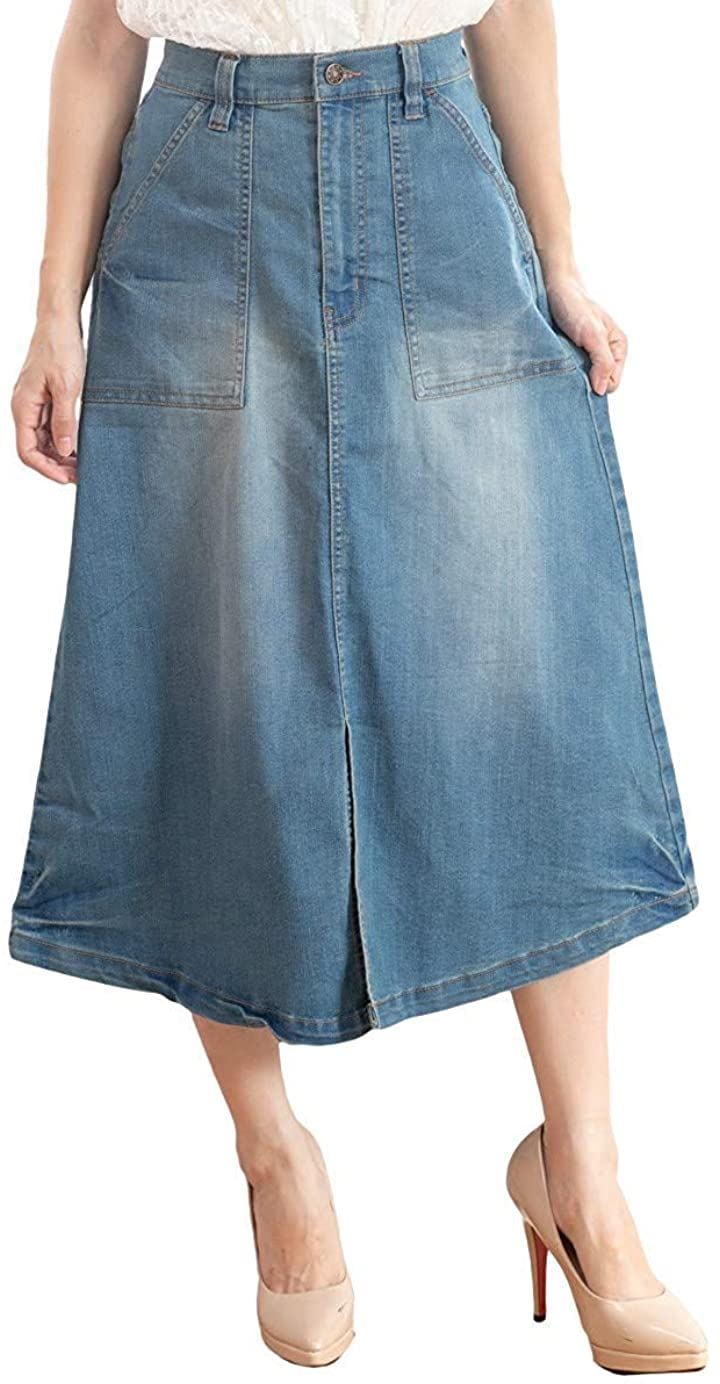 ハッピー ホヌ ストレッチ デニム ベイカー スカート 大きいサイズ ロング 秋冬 夏 レディース aライン ゴム カジュアル おおきいサイズ おしゃれ かわいい 綿( ブルー, L)