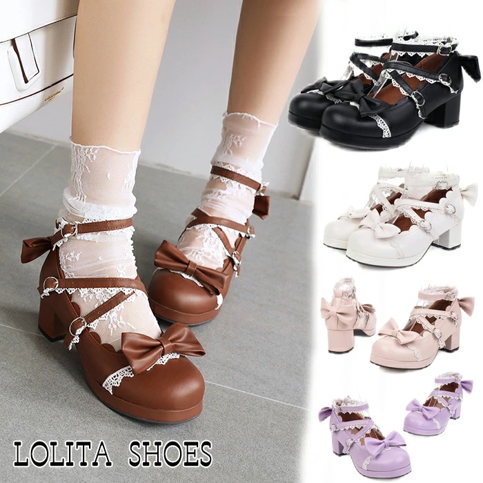 ロリータ靴 コスプレ パンプス 美脚 ロリータ 可愛い Lolita 蝶結び ゴスロリパンプス ストライプ ロリータパンプス ラウンドトゥ プラットフォーム メイド靴 仮装 地下アイドル ツーリング