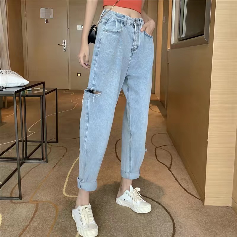 ｍomomonkeyお洒落見えデニムパンツパンツ デニム ハイウエスト ワイド カジュアル 着回しライトブルーパンツvv103