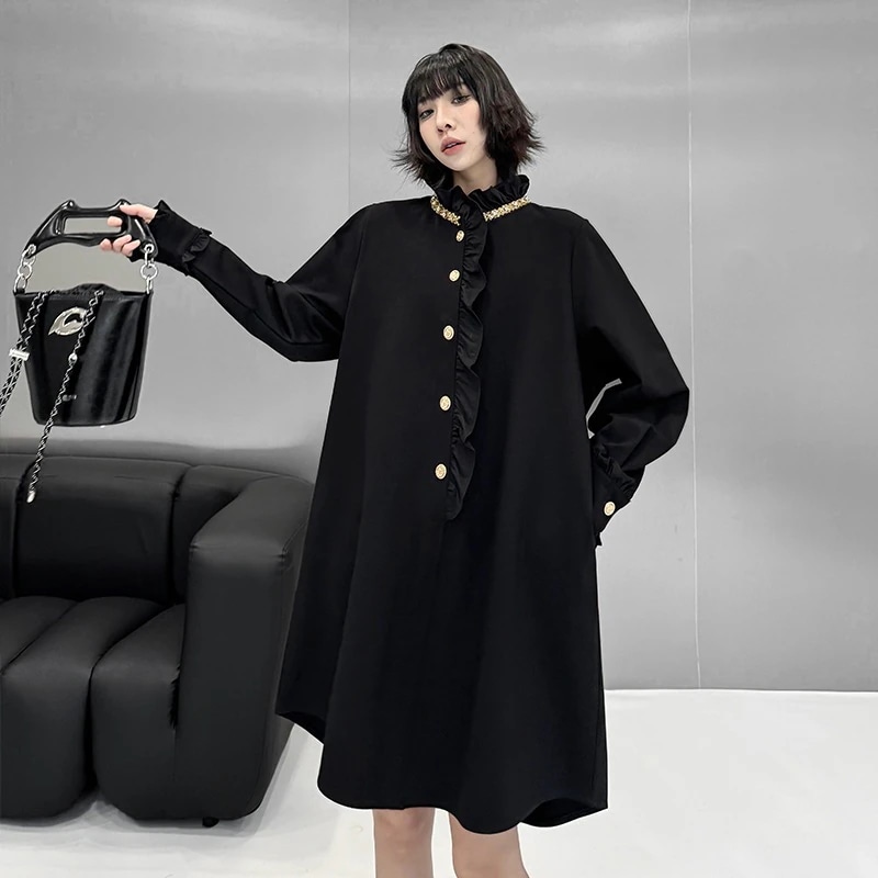 秋新作 上品 高級デザイン感 シャツワンピース 日系 大きいサイズ 体型カバー ブラウス 韓国ファッション 百掛け 着痩せ ロングTシャツ スウェット