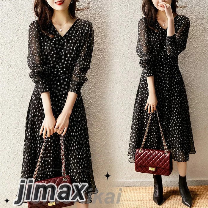 ワンピース レディース 40代 きれいめ マキシワンピース 春秋 長袖ワンピース Vネック ドット柄 Aラインスカート オシャレ大人 着痩せドレス ゆったり 30代 50代