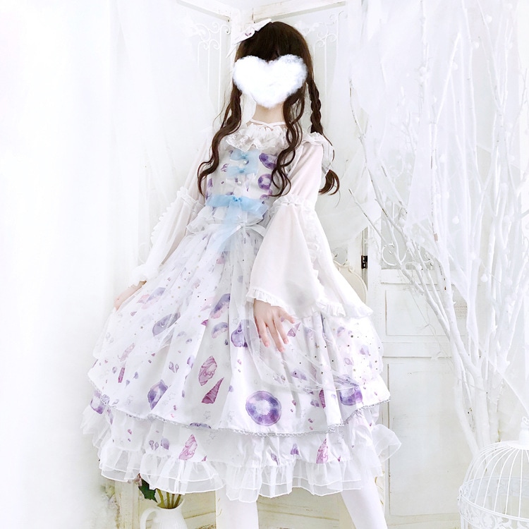 Sea Moon Jellyfish Jskレースリボンロリータロリータ小さなハイウエストドレス