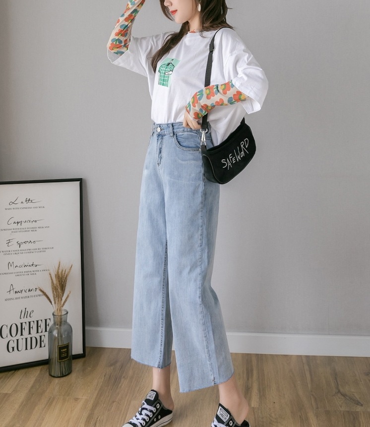 ブルーデニムパンツ ワイドレッグパンツ カジュアルデニム デニムクロップドパンツ ボトムス パンツ Gパン ズボン ワイドパンツ ストレートパンツ クロップドパンツ 膝下 ロング ロング丈 7分丈