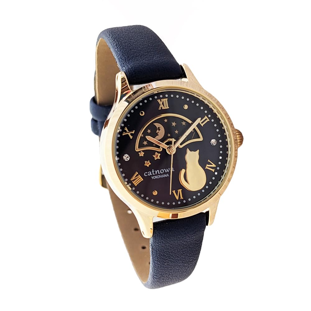 サン＆ムーン 見上げる猫の腕時計 レディース (ネイビー)