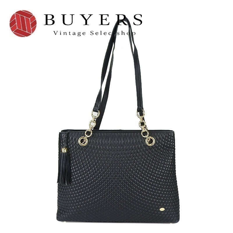 中古 BALLY バリー チェーントートバッグ レザー フリンジ タッセルチャーム ブラック ネイビー系 濃紺 ゴールド金具 レディース 女性 肩掛け tote bag dark navy【中古】