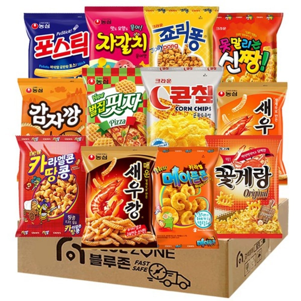 ブルーゾンノンシムクラウンビングレ菓子12種セット（エビカニ+スパイシーエビカニ+ジャガイモ+ハニカムピッツァ+ポスティック+チャガルチ+キャラメルメープルコーン+新ちゃん+ジョリーフォン)