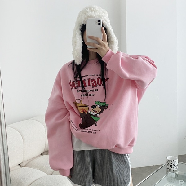 韓国ファッション ルーズフィット ベア 熊 捺染 プリンティング 起毛 マンツーマンTシャツ