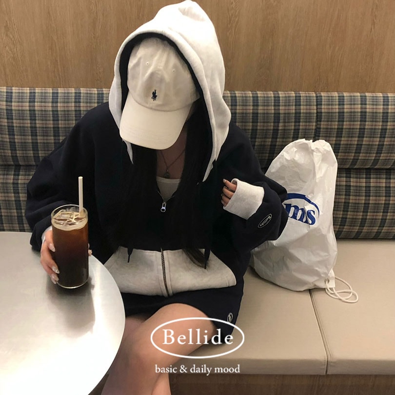 [BELLIDE MADE] 裏起毛ツートン配色ルーズジップアップパーカー jp1156