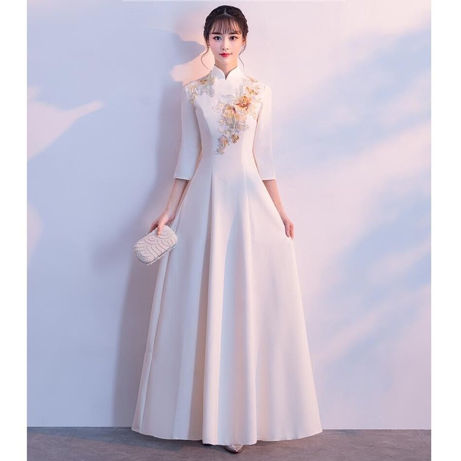 袖あり Aラインドレス チャイナドレス ロングドレス 司会者 結婚式ワンピース 二次会 演奏会 発表