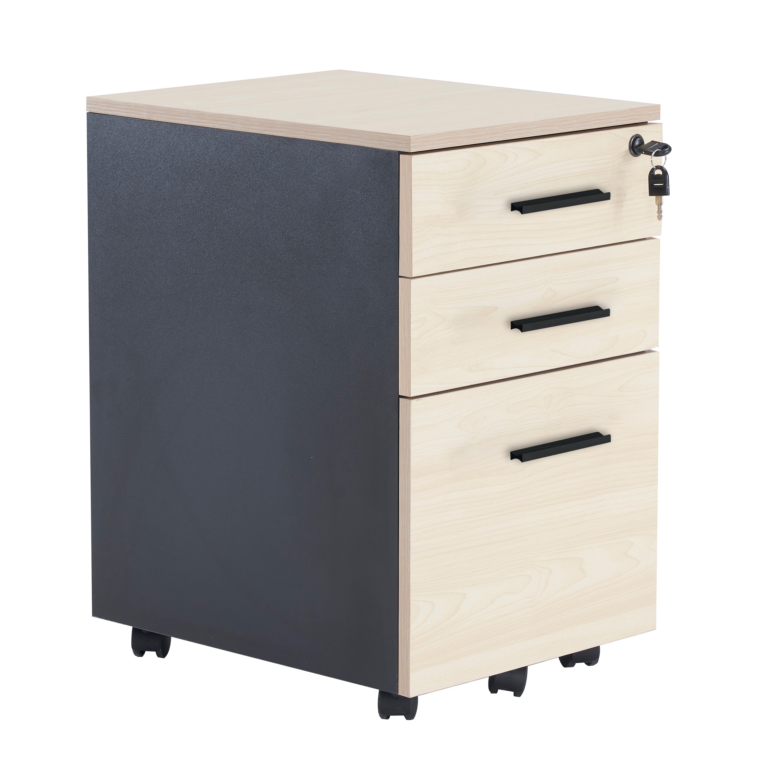 【国内発送】1549【新品登場】デスクワゴン サイドワゴン ラック 鍵付き キャスター付き 脇机 引き出し3段 ナチュラル