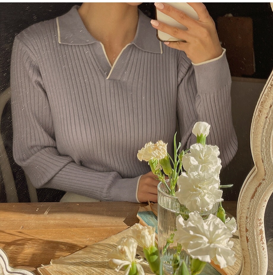 レディース トップス ニット セーター プルオーバー 長袖 ポロカラー 細身 リブニット 伸縮性 バイカラー 中厚手 大人可愛い きれいめ シンプル カジュアル 上品 おしゃれ スポーティー ガーリー