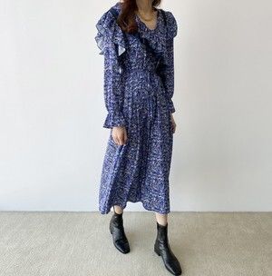 ワンピース ドレス レディース 春 秋 膝下 ロング 丈 長袖 Vネック フリル ウエストマーク 上品 おしゃれ エレガント クール 花柄 デート おでかけ お買い物 普段使い リゾート 大人 可愛い