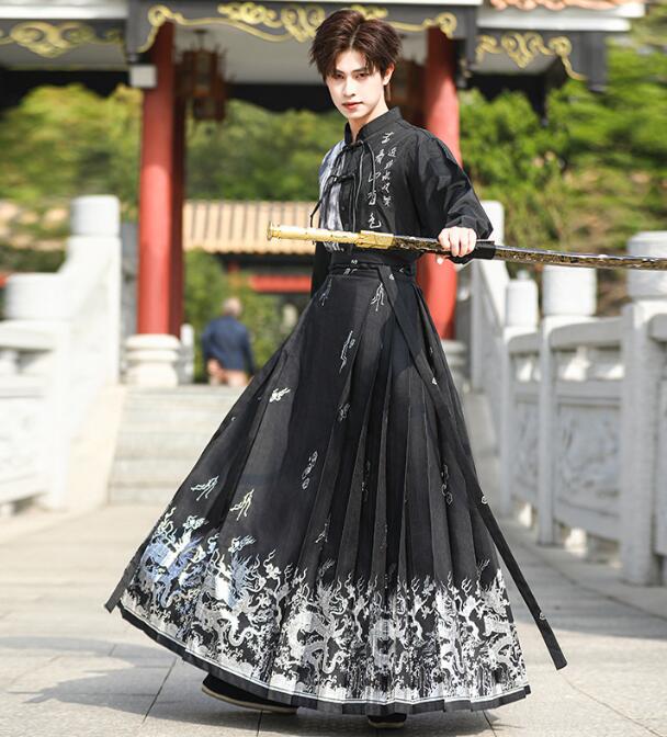 メンズ漢服唐装 セット 中華伝統的漢服 漢字刺繍シャツ マキシ丈スカート　中華風 コスム 龍プリント 広がるスカートメンズ中華古風コスプレ衣装コスプレ漢服　チャイナ舞台ステージ服ハロウィン仮装変