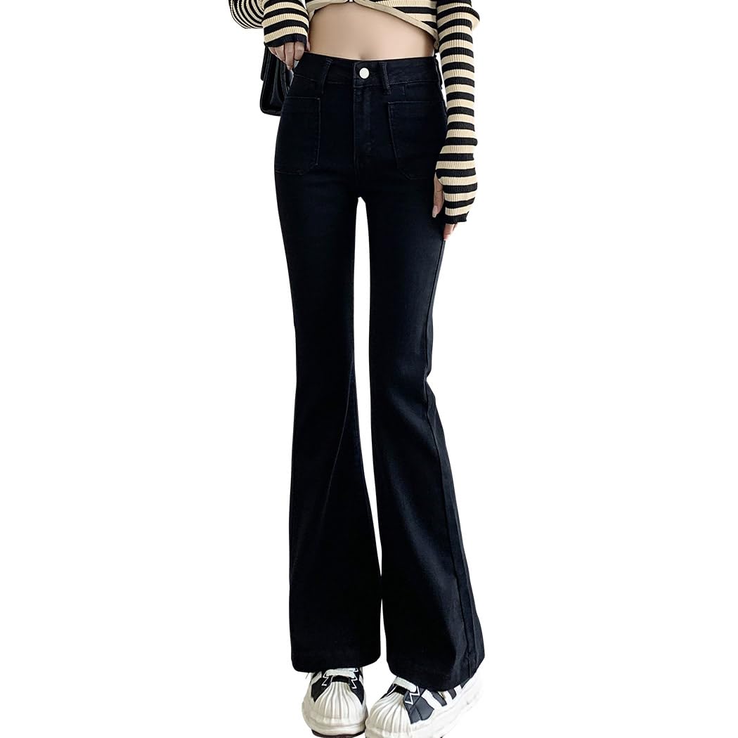 [Teddy] フレアデニムパンツ レディース ブーツカット ストレッチ 薄手ジーパン 春夏秋 pants520 (L, ブラック)