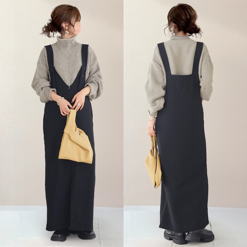 【高見えデザインで暖かい】 かわいいデザイン体型カバーカジュアル無地ノースリーブロングワンピース