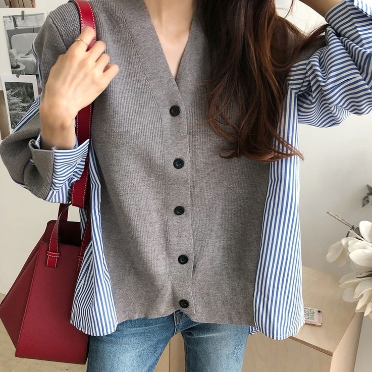 レディース トップス シャツ ニット セーター カーディガン 前開き 長袖 Vネック 襟なし ワイド 伸縮性 ボタン 異素材ミックス かわいい 大人可愛い きれいめ シンプル カジュアル 上品