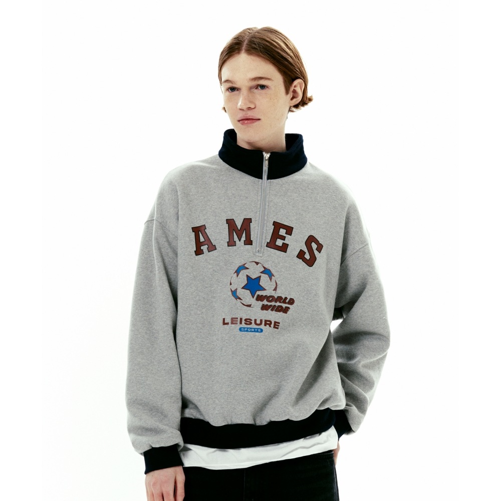 AMES-ワールドワイドサッカーロゴハーフジップアップグレー