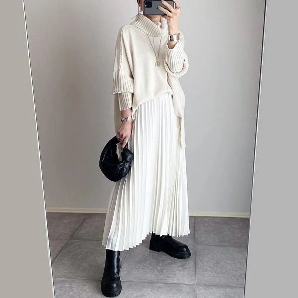 【高級品質!】 ハイネックスリットセーター＋プリンツスカートワンピースセット