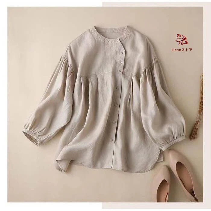 ブラウス レディース 長袖 シャツブラウス 無地 夏 トップス チュニック インナー クルーネック パフスリーブ 九分丈 大人 シンプル ゆったり ナチュラル カジ