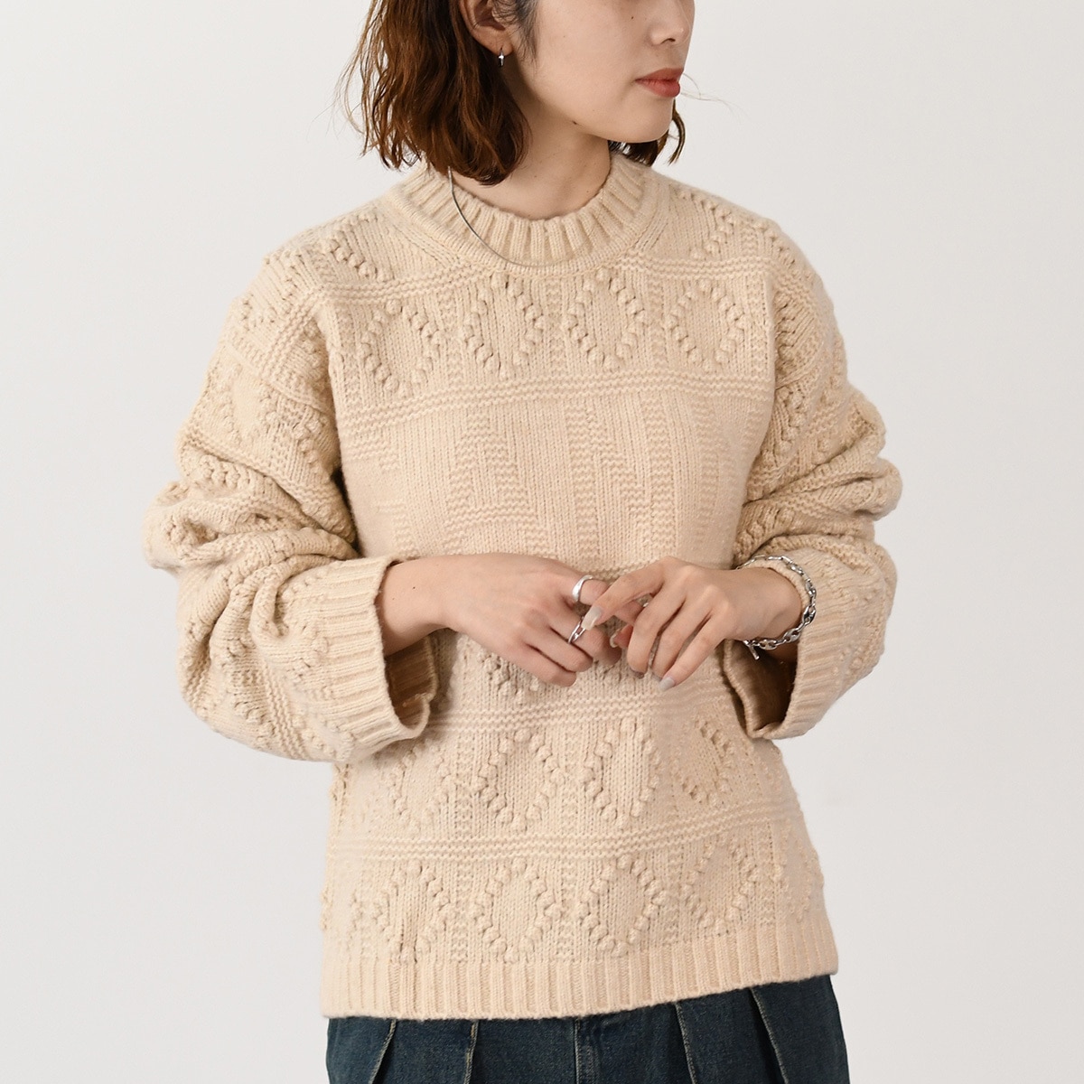 ニット トップス セーター WOOL COTTON BUBBLE O-NECK KNIT K2220 レディース アイボリー 長袖 秋冬 ウール