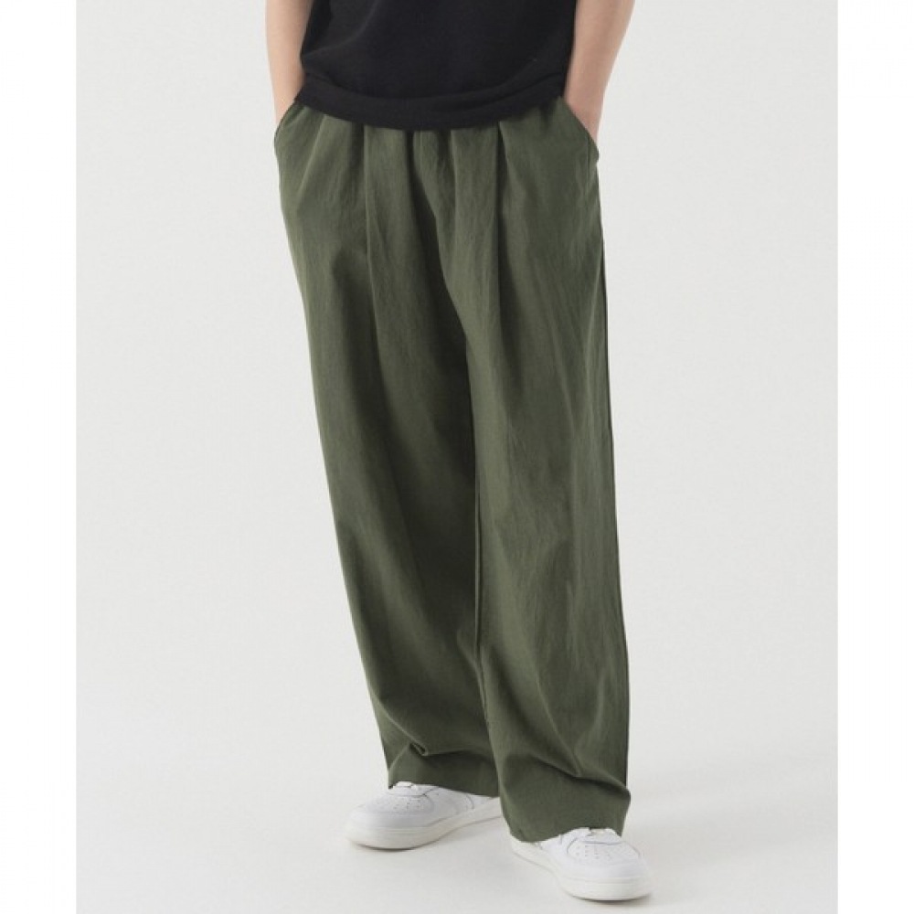 (Pianer) 快適なリネンワンタックワイドパンツ (カーキ)