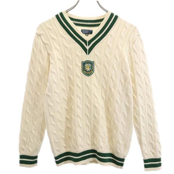 ポロバイラルフローレン 長袖 Vネック ニット 160 ホワイト系 Polo by Ralph Lauren セーター ロゴ ワッペン 開襟 キッズ