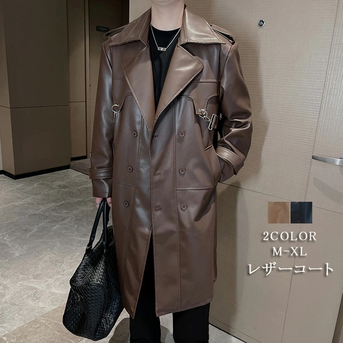 レザーコート チェスターコート メンズ PU レザージャケット ダブルライダースジャケット メンズアウター レザー ロングコート 秋 冬 黒 オーバーサイズ 大きめ アメカジ カジュアル ストリート