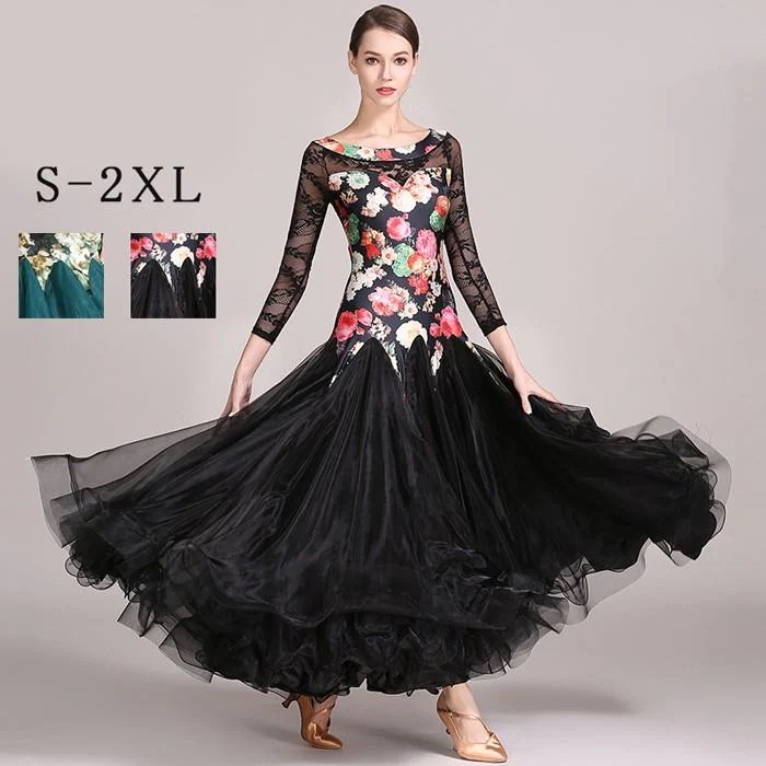 社交ダンス ドレス 社交ダンス衣装 長袖 初心者 花柄 練習着 広がる裾 発表会用 ワンピース パーティー スタンダード グリーン ブラック S-2XL