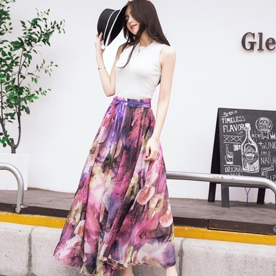 3241.マキシ丈 花柄シフォンスカート（パープル）2019 春夏 普段使い カジュアル シフォン 大人