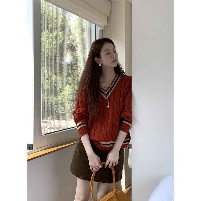 elloooEat ウールレトロ gifts for women keep warm V ネックカレッジスタイルコントラストセーター秋と冬のルーズプルオーバー長袖トップ