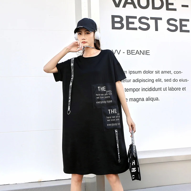 ワンピースクルーネックtシャツワンピースレディース半袖夏服韓国ファッションゆったりカジュアルロンt着痩せ効果