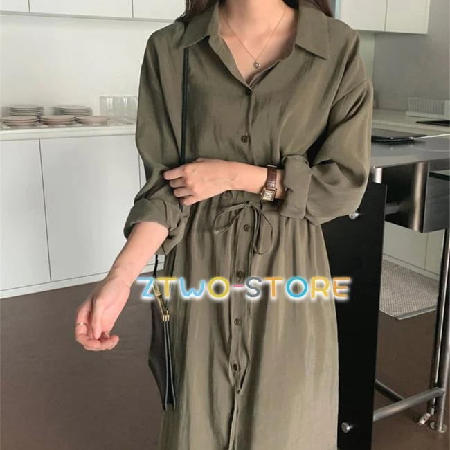 ワンピース シャツワンピース ロングワンピース マキシ丈ワンピース 無地 ロングシャツ ウエスト紐入り ゆったり