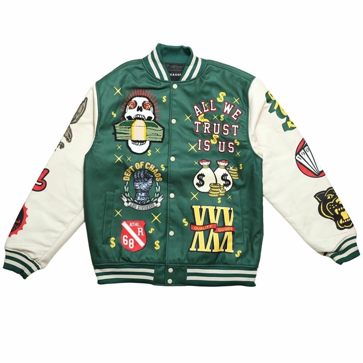 REASON アウター 長袖 スタジャン ブルゾン メンズ 春秋冬用 緑 大きいサイズ リーズン 防寒着 ドル柄 100ドル紙幣 ドル袋 トランプ メッセージ